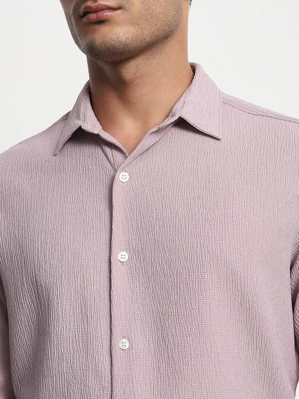 MUFTI solid textured lilac purple slim fit casual wear shirt