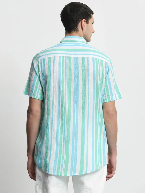 MUFTI striped aqua casual wear shirt for men