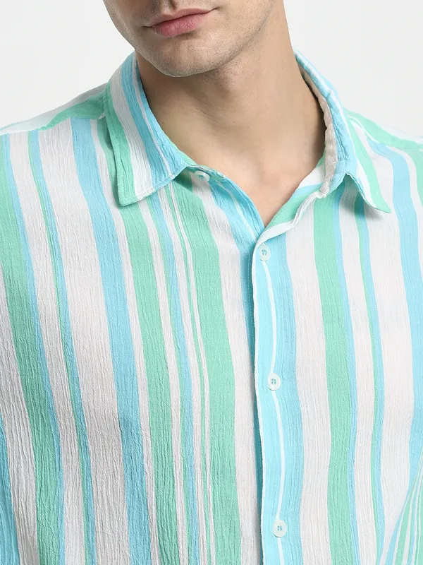 MUFTI striped aqua casual wear shirt for men