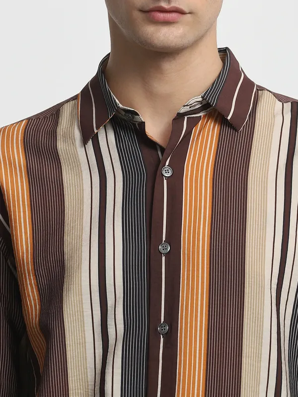 MUFTI striped brown casual wear cotton shirt