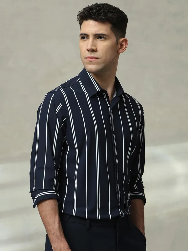 MUFTI striped navy slim fit casual wear shirt