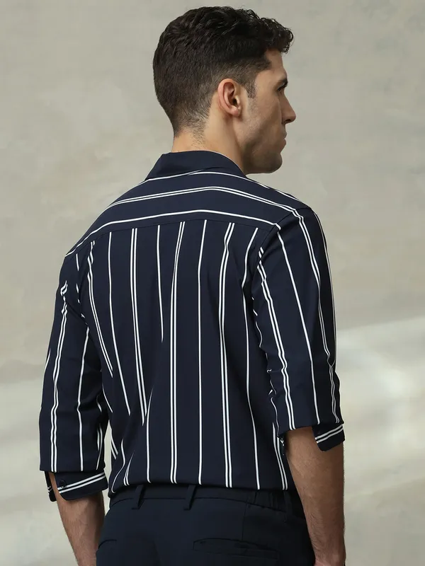 MUFTI striped navy slim fit casual wear shirt