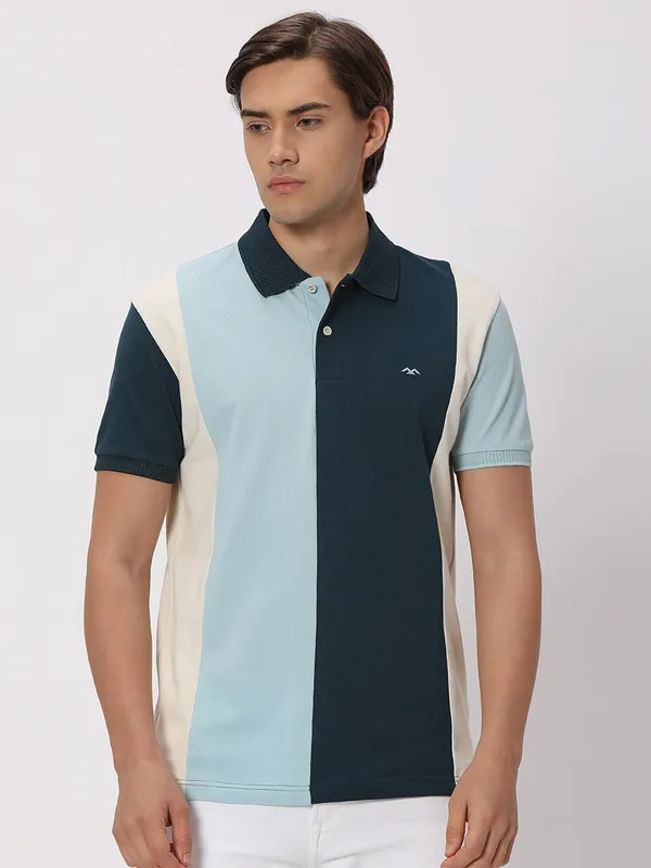 Mufti teal blue color block t shirt