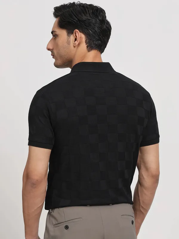 MUFTI textured check black polo t-shirt