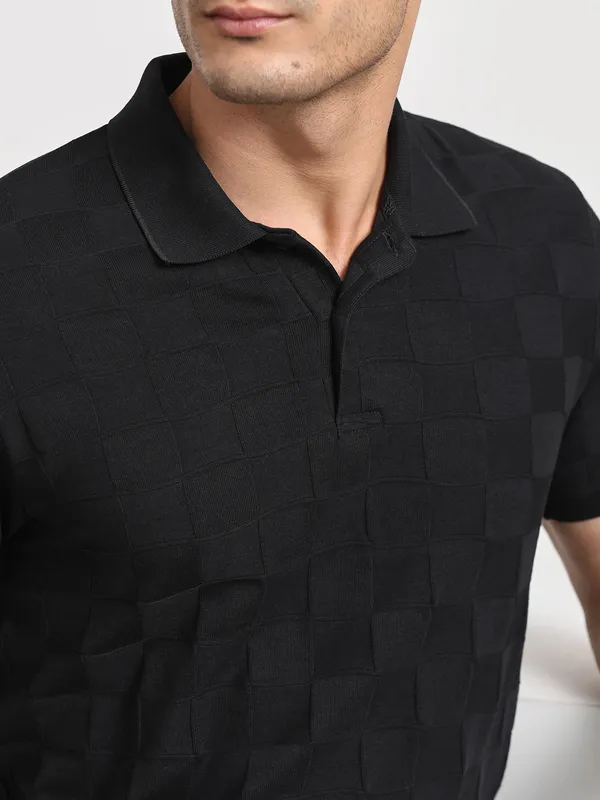 MUFTI textured check black polo t-shirt