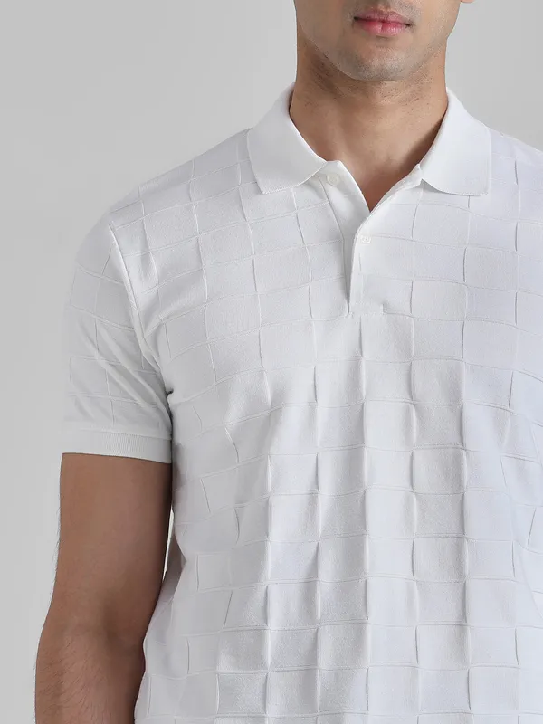 MUFTI textured check white polo t-shirt
