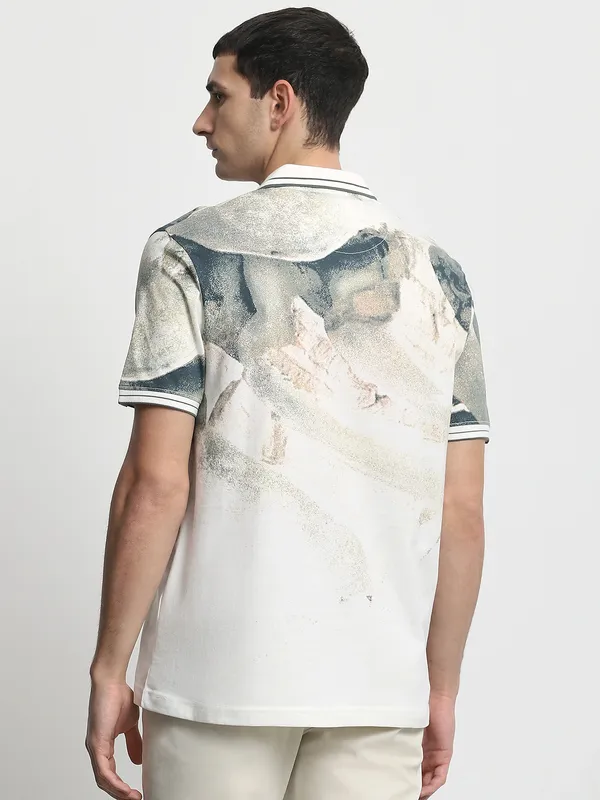 MUFTI white printed mens slim fit polo t-shirt