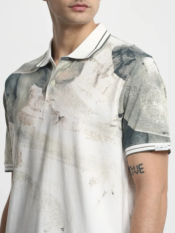 MUFTI white printed mens slim fit polo t-shirt