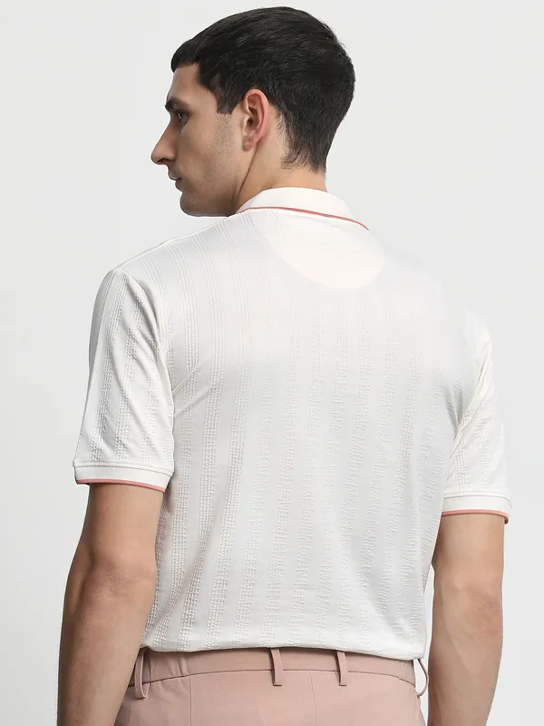 MUFTI white textured slim fit mens polo t-shirt