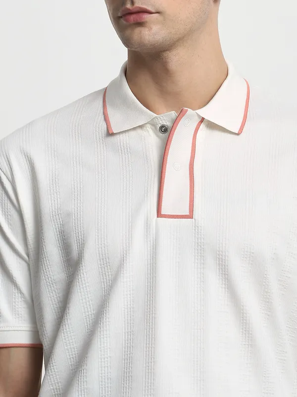 MUFTI white textured slim fit mens polo t-shirt