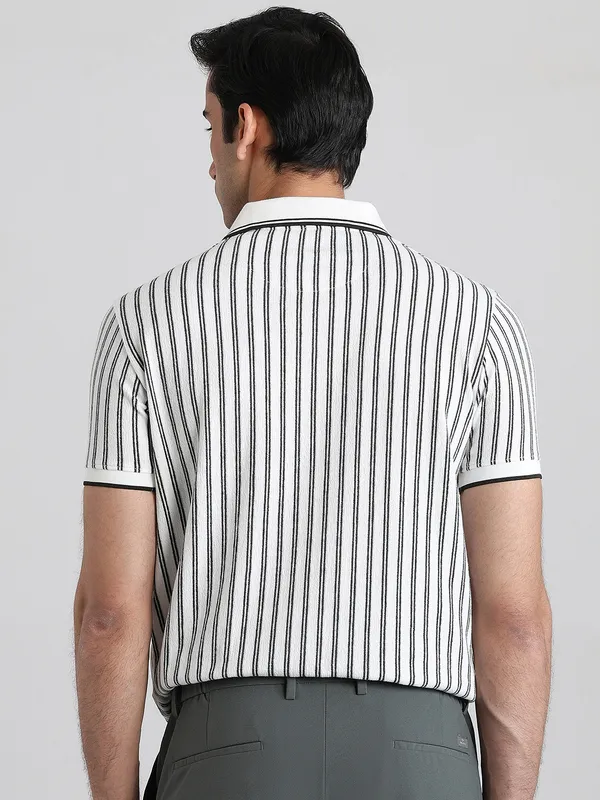MUFTI white textured stripe polo t-shirt