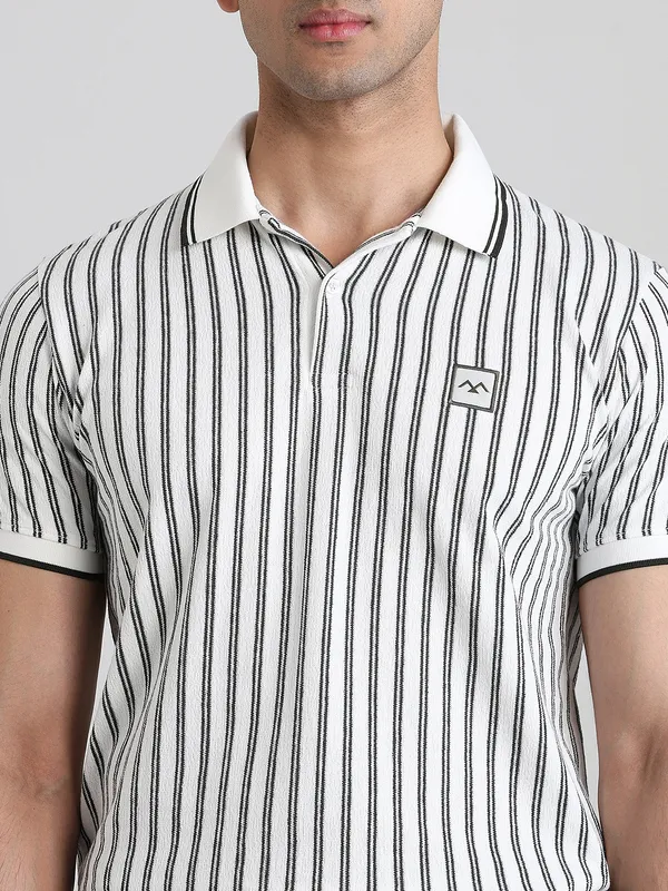 MUFTI white textured stripe polo t-shirt