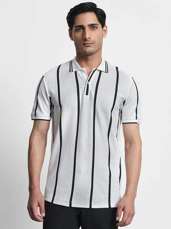 MUFTI White textured white and black stripe polo t-shirt