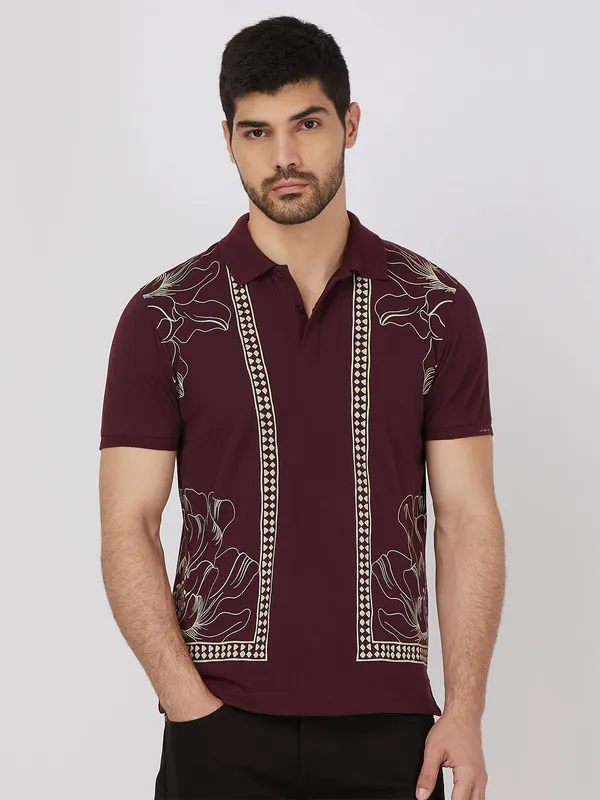 MUFTI wine printed cotton t-shirt