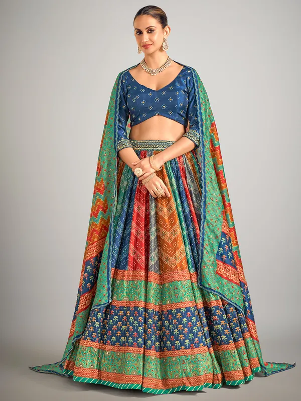 Multi color bandhej silk lahenga choli for wedding