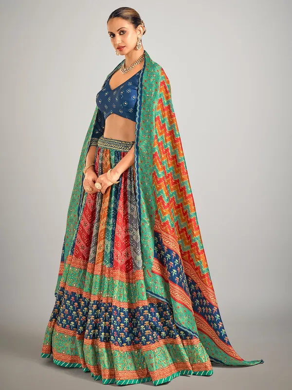 Multi color bandhej silk lahenga choli for wedding