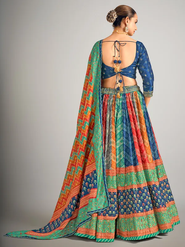 Multi color bandhej silk lahenga choli for wedding