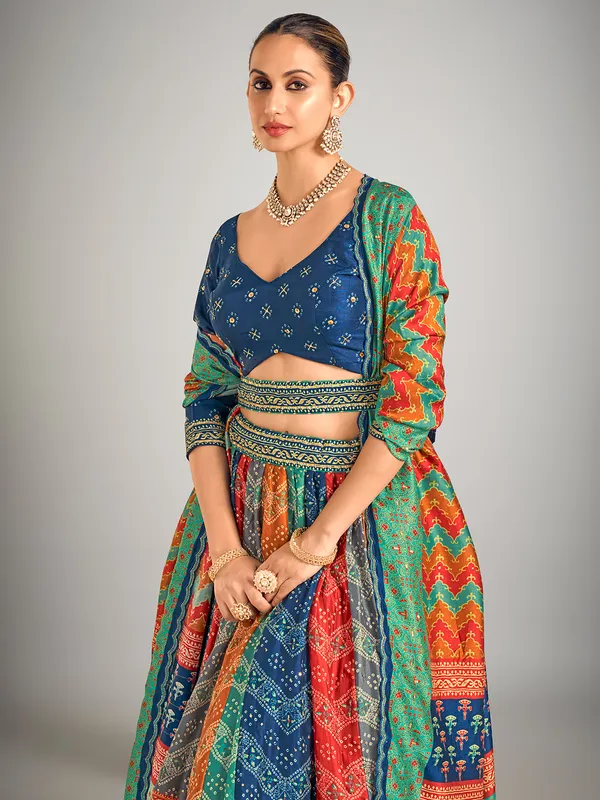 Multi color bandhej silk lahenga choli for wedding
