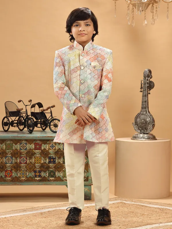 Multi color boys indowestern in silk