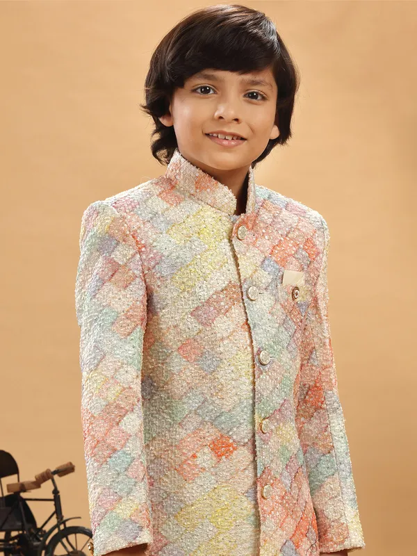 Multi color boys indowestern in silk