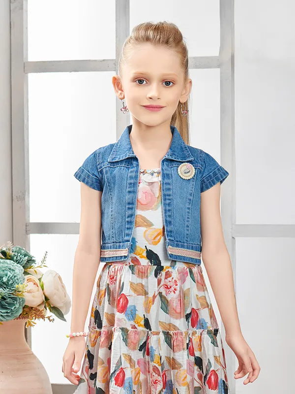 Multi color cotton silk frock with denim jacket