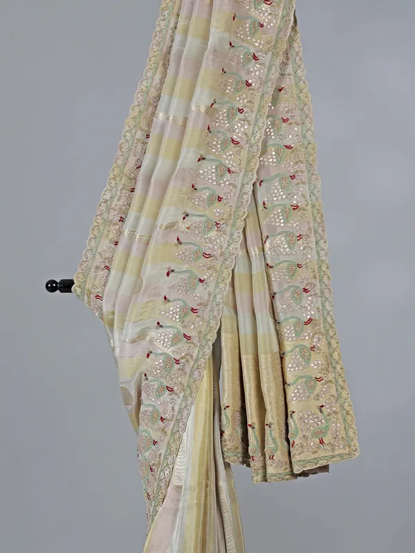 Multi color dola silk saree with zardosi work