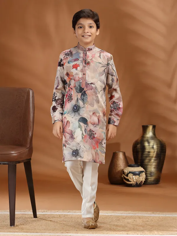 Multi color floral printed silk kurta suit for festive wear