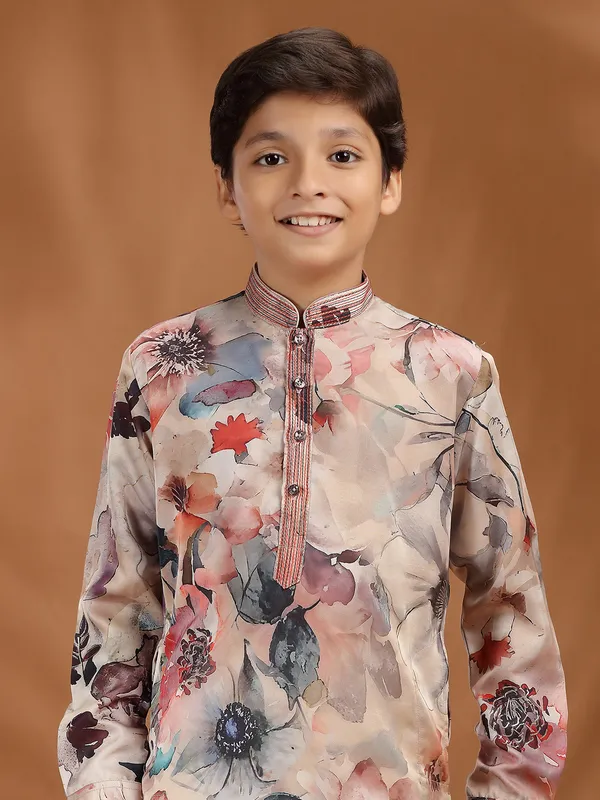 Multi color floral printed silk kurta suit for festive wear