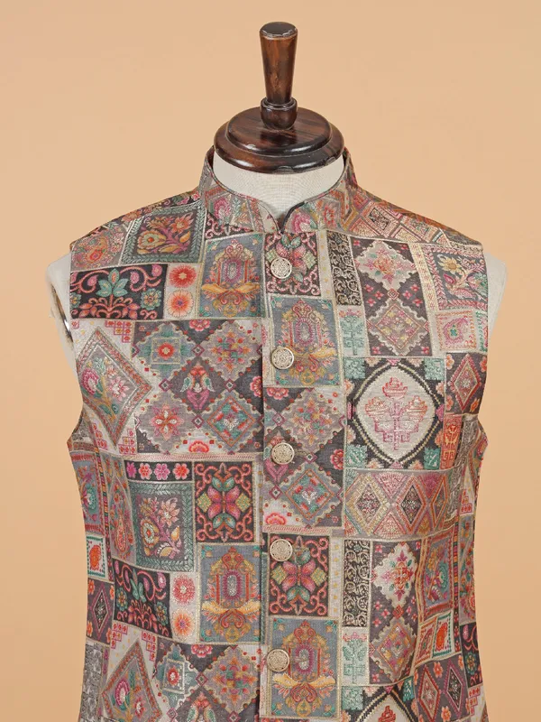Multi color floral printed waistcoat in silk