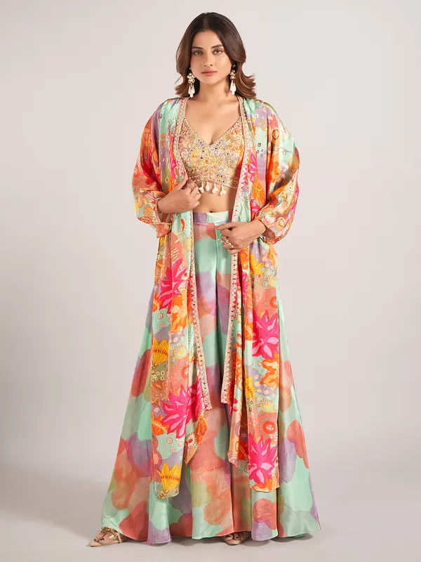 Multi color jacket style satin silk palazzo suit