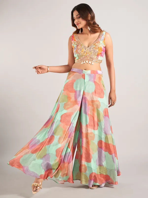 Multi color jacket style satin silk palazzo suit