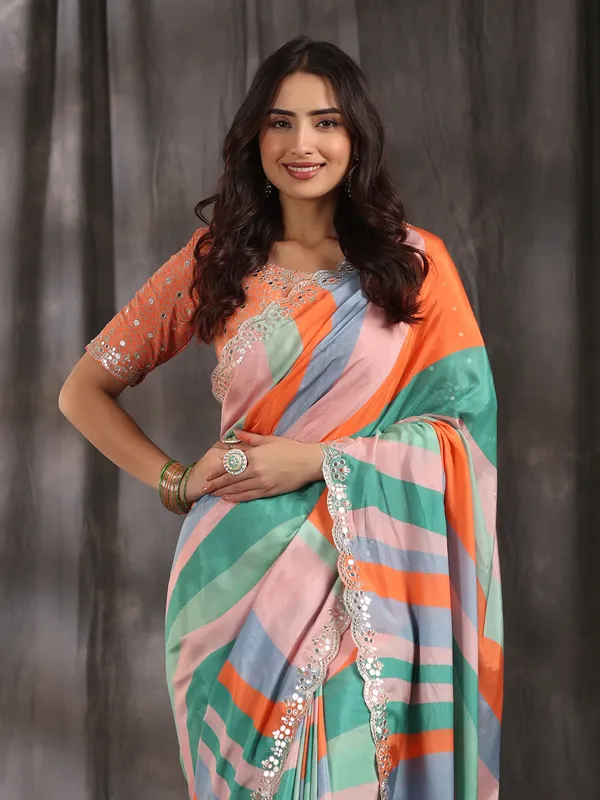 Multi color muslin pinted saree for festive