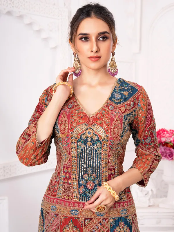 Multi color pakistani silk sharara suit with zardosi detailing