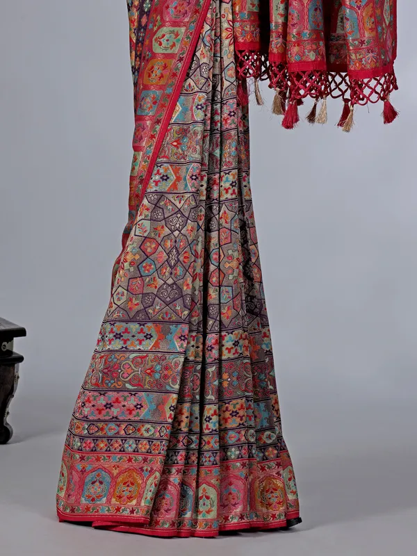 Multi color pashmina silk saree with thread work