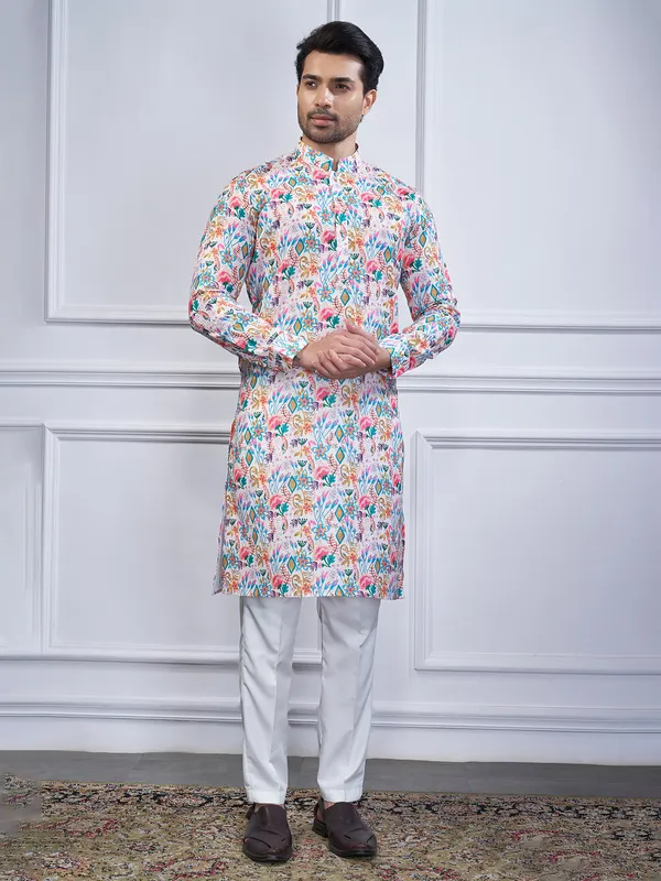 Multi color printed cotton kurta suit