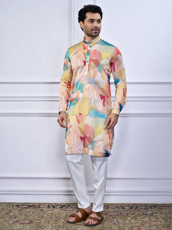 Multi color printed cotton kurta suit for men
