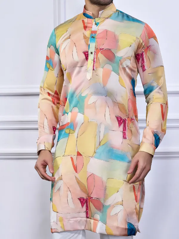 Multi color printed cotton kurta suit for men