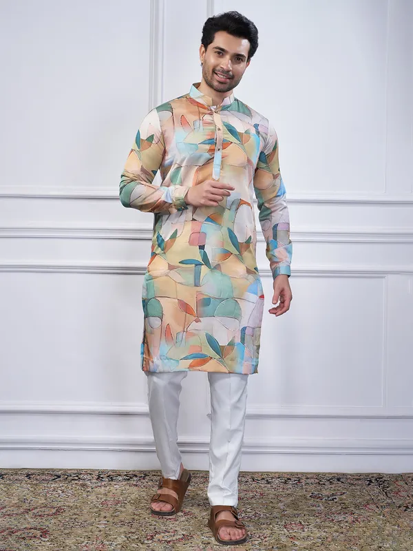 Multi color printed cotton kurta suit for traditional look