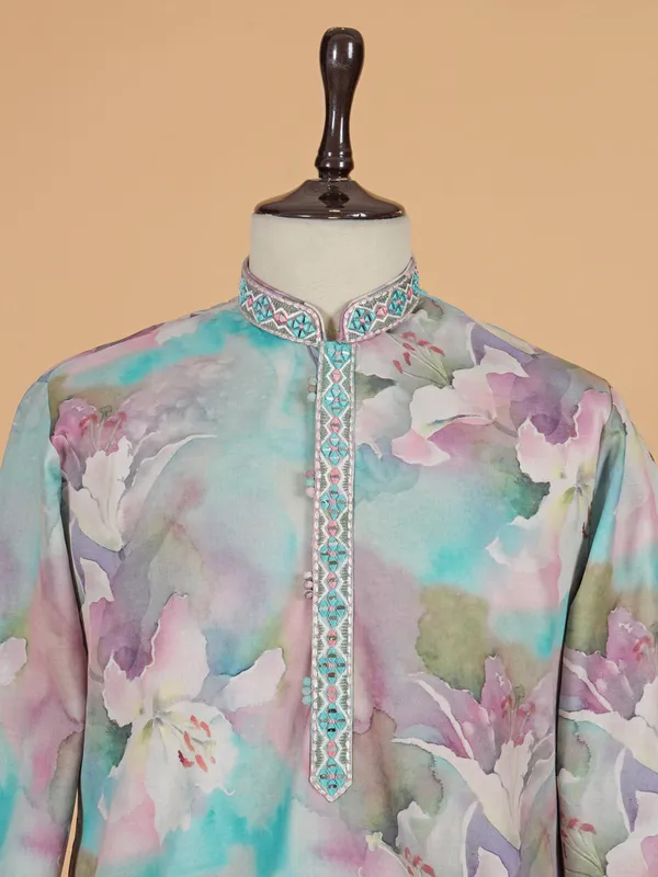 Multi color printed cotton silk kurta suit for men
