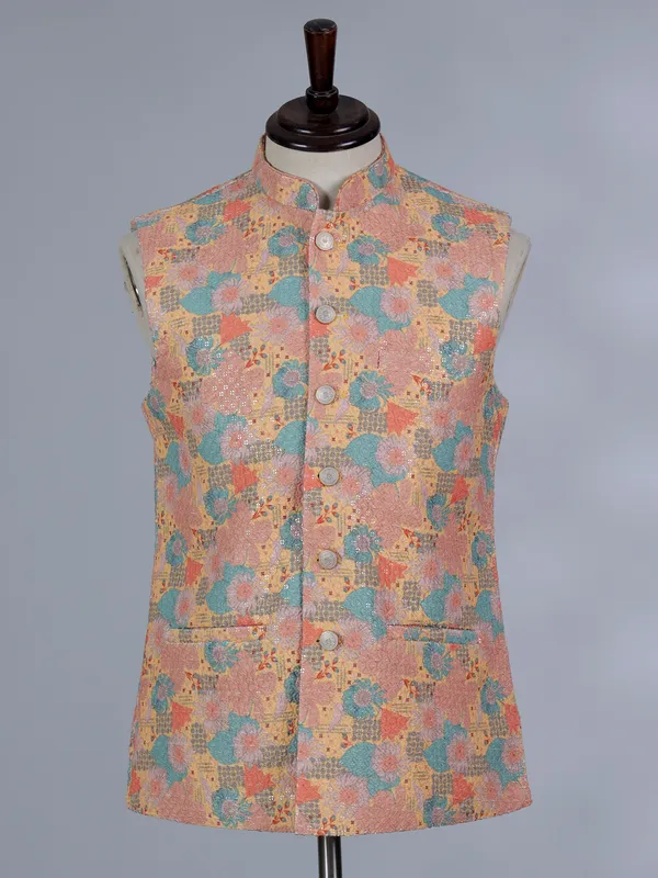 Multi-color printed cotton silk waistcoat with thread work