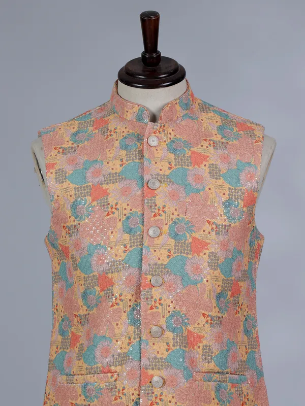 Multi-color printed cotton silk waistcoat with thread work