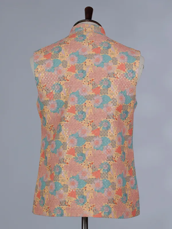 Multi-color printed cotton silk waistcoat with thread work