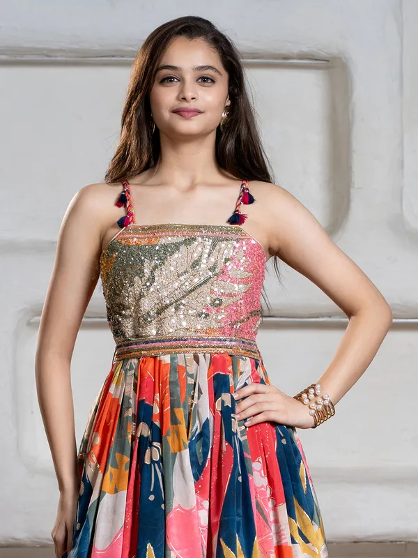 Multi color printed floor length gown