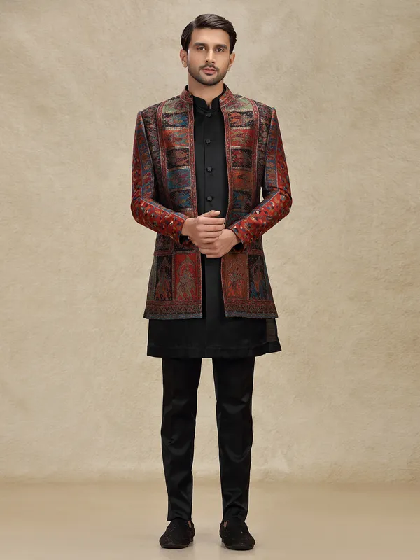 Multi color printed indo western with jackets for mens