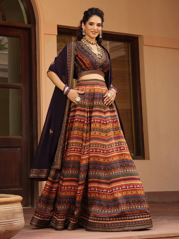 Multi color printed linen satin lehenga choli