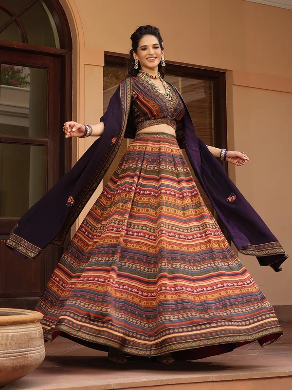 Multi color printed linen satin lehenga choli