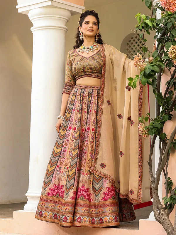 Multi color printed raw silk lehenga choli