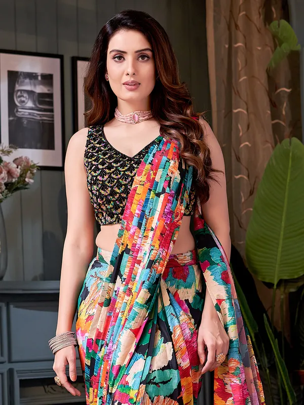 Multi color printed ready pleated saree