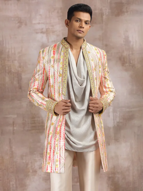 Multi color printed silk indo western with resham work