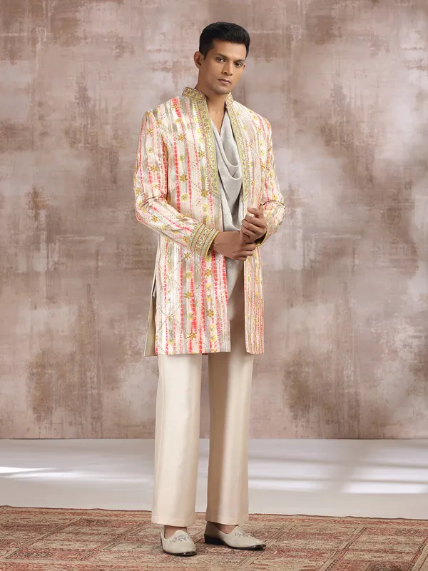 Multi color printed silk indo western with resham work